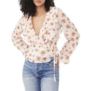 Free People Womens Amanda Ivory Cotton Ruffled Shirt Wrap Top Blouse